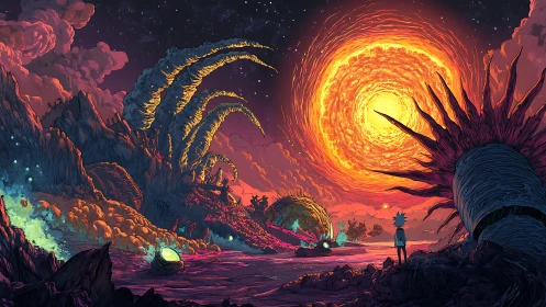 Extraterrestrial valley under volatile orange star with stylized chromatic lighting