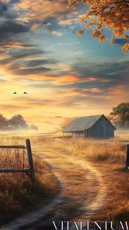 Country dirt road leading to rustic barn at sunrise.