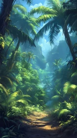 Tropical Jungle Canyon with Palm Trees and Atmospheric Haze