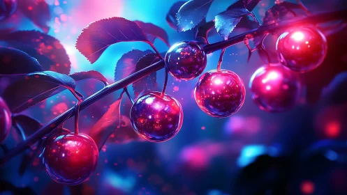 Cherry-like spherical fruits hang along a branch under neon light