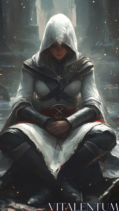 Hooded warrior rests in quiet ruins, guarding inner resolve.