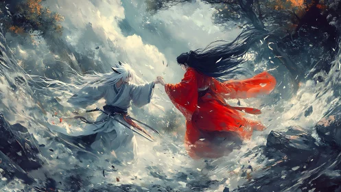 Dynamic duel between robed warriors in storm-lashed mountain gorge