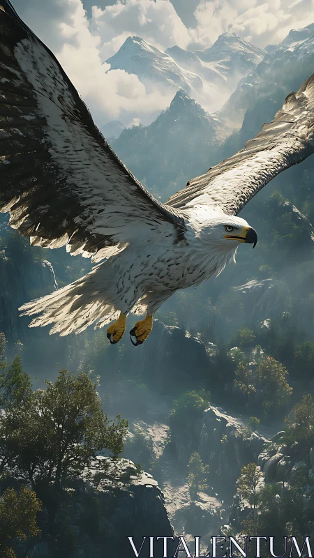 Eagle soars over sunlit mountain valley with snow peaks