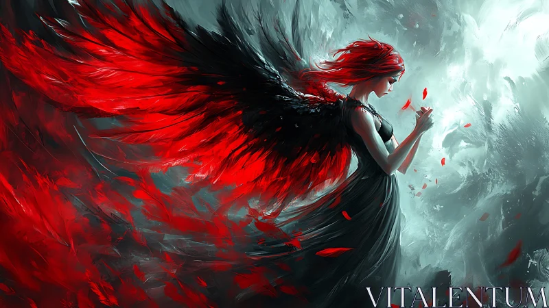 Winged red-haired woman stands in profile amid swirling light