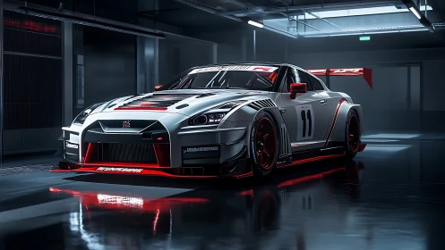 GT race car waits aggressively in glossy underground garage