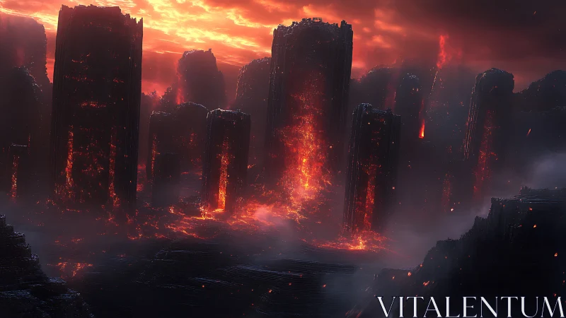 Molten monolithic ruins under incandescent volcanic sky.