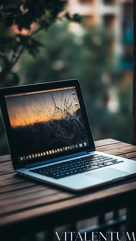Cracked laptop screen glows at dusk on a wooden balcony