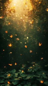 Golden butterflies in dense foliage under filtered light.