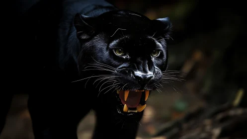 Melanistic Panther Aggression Display: Snarling Feline Dentition