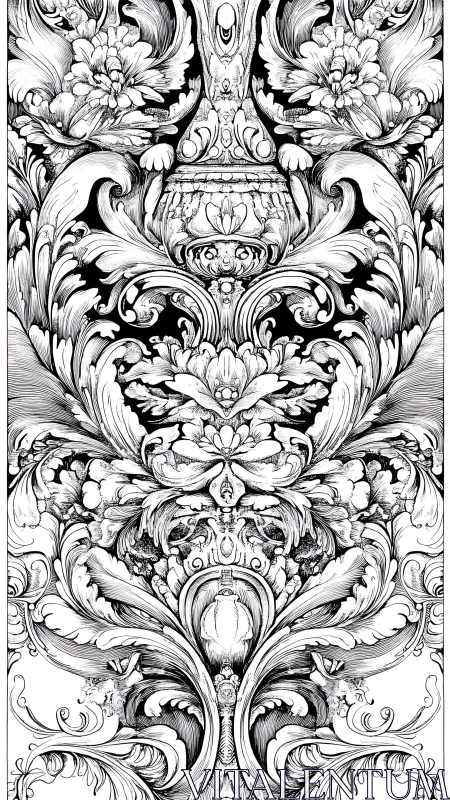 Ornate baroque floral scrollwork in mirrored ink illustration
