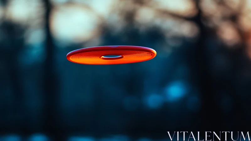 Bold red flying disc hovers softly against a dusky sky