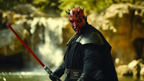 Crimson masked warrior guards a tranquil waterfall pass.