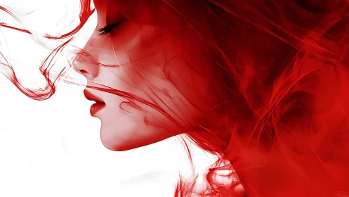 Serene profile wrapped in flowing red dreamlike wisps.