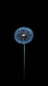 Blue dandelion seed head centered on plain black background.