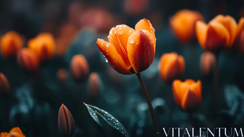 Rain-Kissed Orange Tulips in Soft Focus Garden Light.