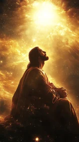 Luminous robed figure under concentrated stellar radiance field.