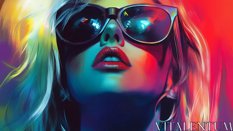 Neon-lit woman in sunglasses with vivid gradient glow.