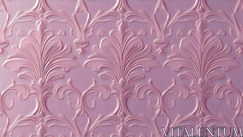 Embossed pink damask relief with ornate baroque scrolls.