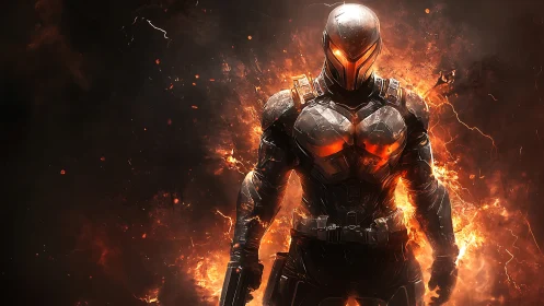 Armored exosuit soldier emerges from high-intensity plasma fire