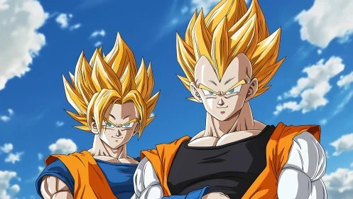 Two spiky-haired anime fighters under partly cloudy sky.