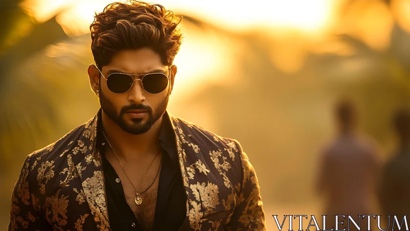 Sunlit portrait of stylish man in embroidered blazer at dusk.