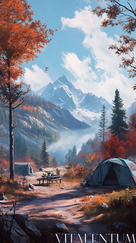 Autumn mountain campsite under crisp blue alpine sky.