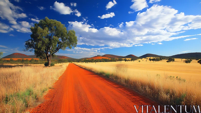 Red dirt road through golden grassland under vivid sky.