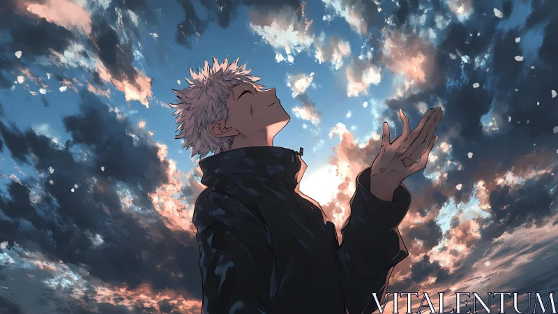 Male figure in profile stands under dense evening cloud cover