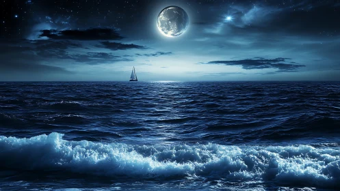 Lunar backlit sailboat crossing high-contrast nocturnal ocean waves