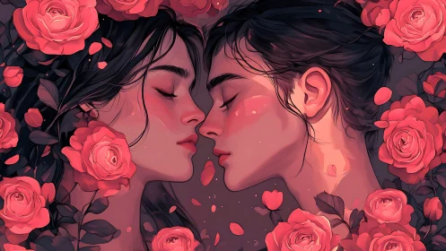 Two Figures in Intimate Profile Amid Red Roses.