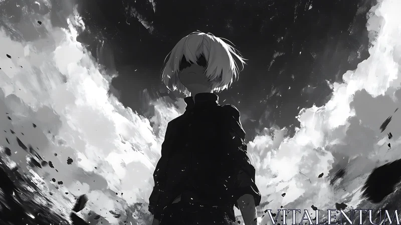 Solitary white-haired figure stands beneath fractured sky.