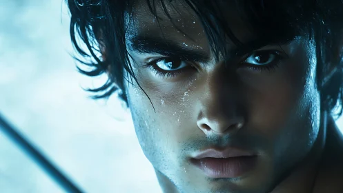 Intense blue-lit portrait captures determined, focused gaze.