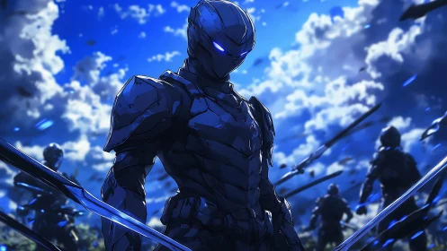 Armored futuristic warrior stands before blurred soldiers