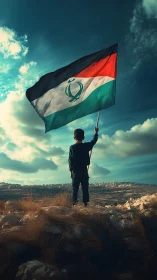 Child holds large tricolor flag on rocky hillside under sky