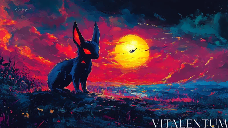 Dark foxlike creature under vivid red and yellow sunset.