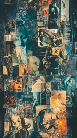 Urban surreal collage layers fractured faces and city shadows.