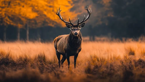 Stag in golden meadow under soft autumn forest light.