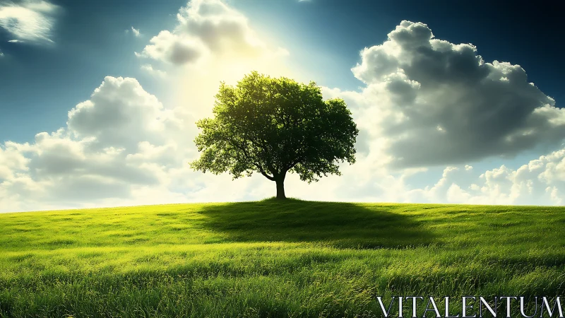 Lone oak tree on green hill under dramatic sky, realistic style.