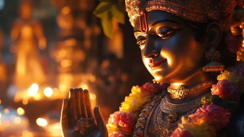 Divine metal visage glows softly through garlanded candlelight