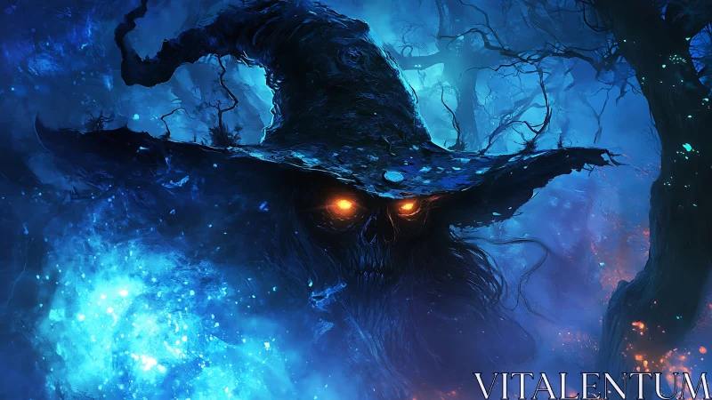 Spectral necromancer visage with glowing eyes in azure mist