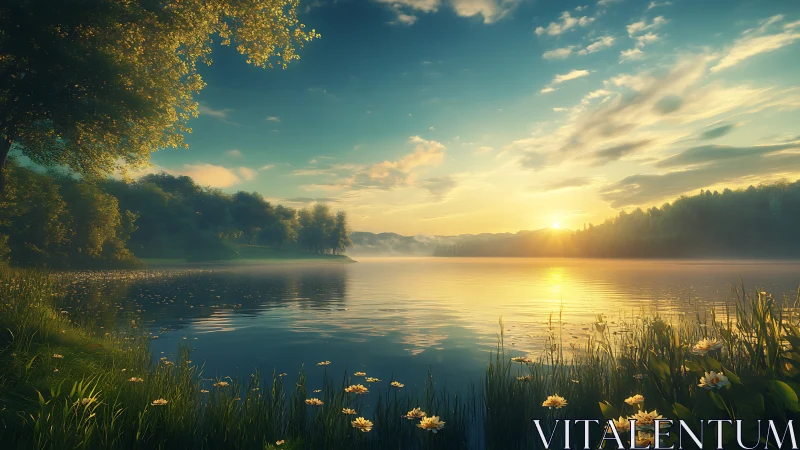 Golden hour lakeside panorama with reflective still water.