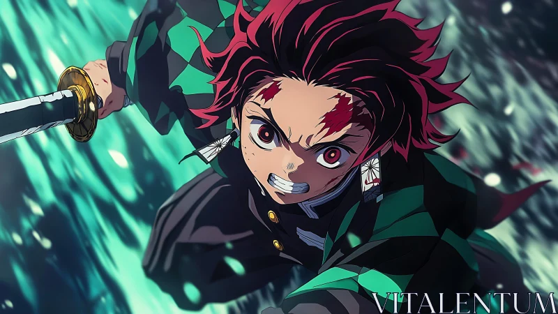 Anime swordsman lunges forward in intense battle motion.