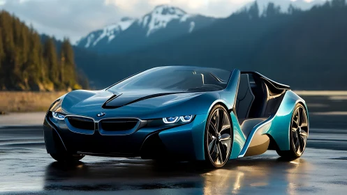 Sleek blue BMW concept roadster on reflective coastal runway.