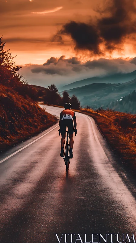 Cyclist climbing mountain road at golden sunset.