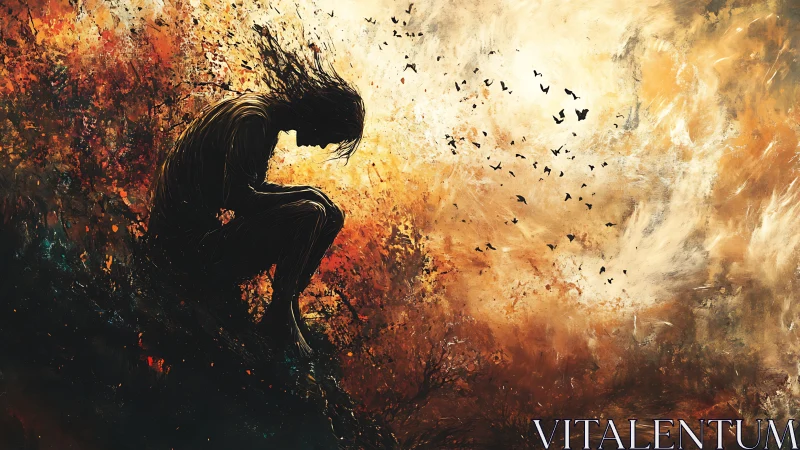 Solitary silhouetted figure amid swirling fiery sky.