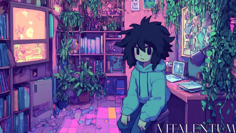 Moody anime teen in neon-lit overgrown gaming study.