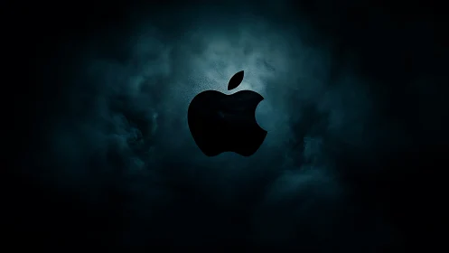 Glossy black fruit silhouette in teal volumetric fog field