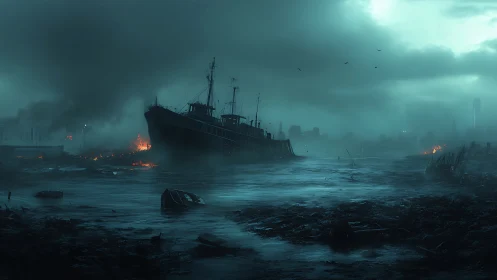 Storm-dark harbor reveals a lonely wreck aglow with embers
