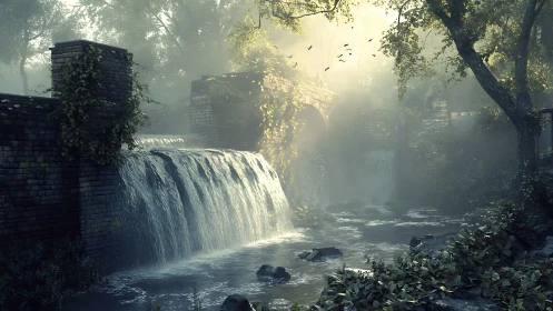 Sunlit stone aqueduct guides cascading forest river