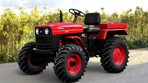 Bright red farm tractor stands on rural road before crop field